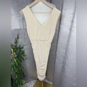 NEW Alice + Olivia Shimmer Sleeveless Ruched Dress Beige Gold XS